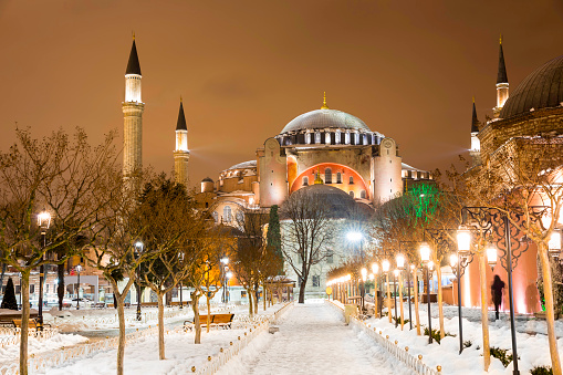 View of Hagia Sophia, Aya Sofya, museum in a snowy winter night in Istanbul Turkey