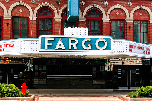 Fargo, ND, USA - July 24, 2015: The famous Fargo theater sign on N. Broadway Dr in downtown Fargo, North Dakota