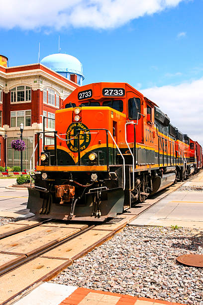 Fargo, ND, USA - July 24, 2015: Orange Loco of the BNSF (Burlington North Santa Fe) railroad in Fargo N.Dakota