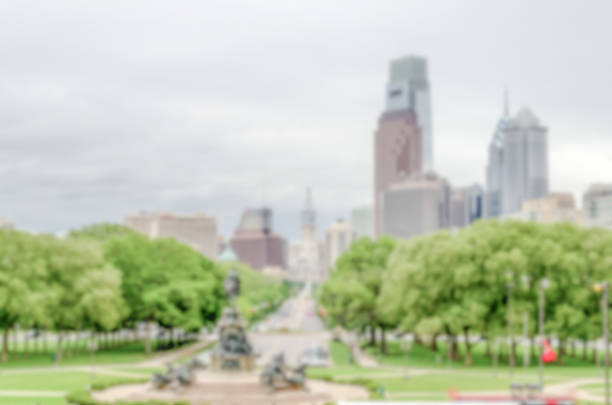 Defocused background of Philadelphia Skyline. Intentionally blurred post production for bokeh effect