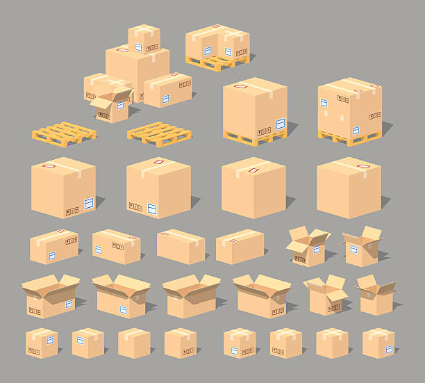 Cube World. Cardboard boxes Cube World. 3D lowpoly isometric cardboard boxes. The set of objects isolated against the gray background and shown from different sides brown box stock illustrations