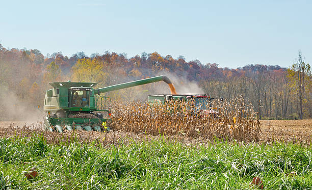 Nashville, USA - October 22, 2012: Farmer using a John Deere combine to harvest the last row of corn, in a field near Nashville, Brown County, Indiana.