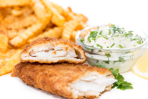 istock Salmon Fillet with Chips isolated on white 505523897
