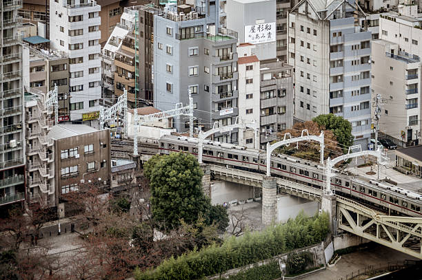 Tokyo, Japan - November 22, 2015: Train in Toyko passing through the Asakusa district. Photo taken during an overcast day from above.