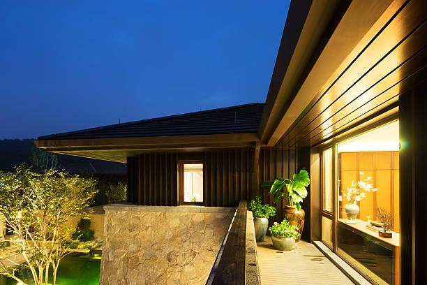 istock balcony in modern villa in blue sky at night 505530734