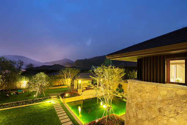 istock backyard in modern villa in clear sky at night 505530792