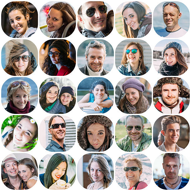 Composite image of a large group of diverse people smiling