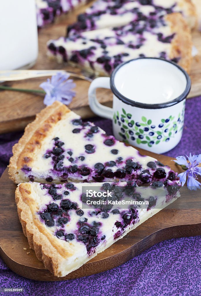 Homemade blueberry tart pie and milk Piece of fresh homemade blueberry pie and milk Baked Stock Photo