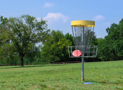 Disc golf hole basket in a park