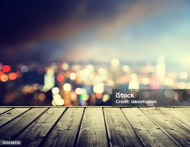 Wooden Platform And Lights Of Night Hong Kong Stock Photo - Download Image Now - Abstract, Blue, Building Exterior