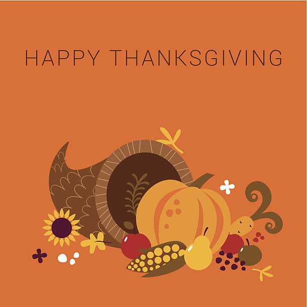 ilustraciones, imágenes clip art, dibujos animados e iconos de stock de happy thanksgiving cornucopia tarjeta - día de acción de gracias ilustraciones