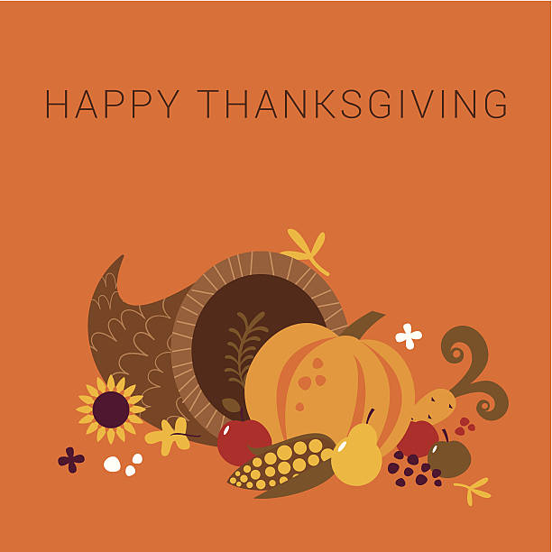 Happy Thanksgiving cornucopia card Happy Thanksgiving design with cornucopia and text. Global colors used. cornucopia stock illustrations