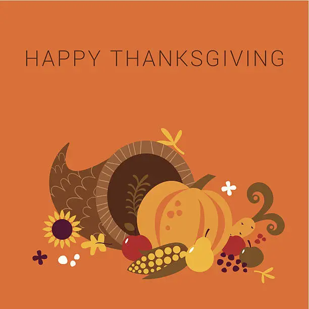 Vector illustration of Happy Thanksgiving cornucopia card