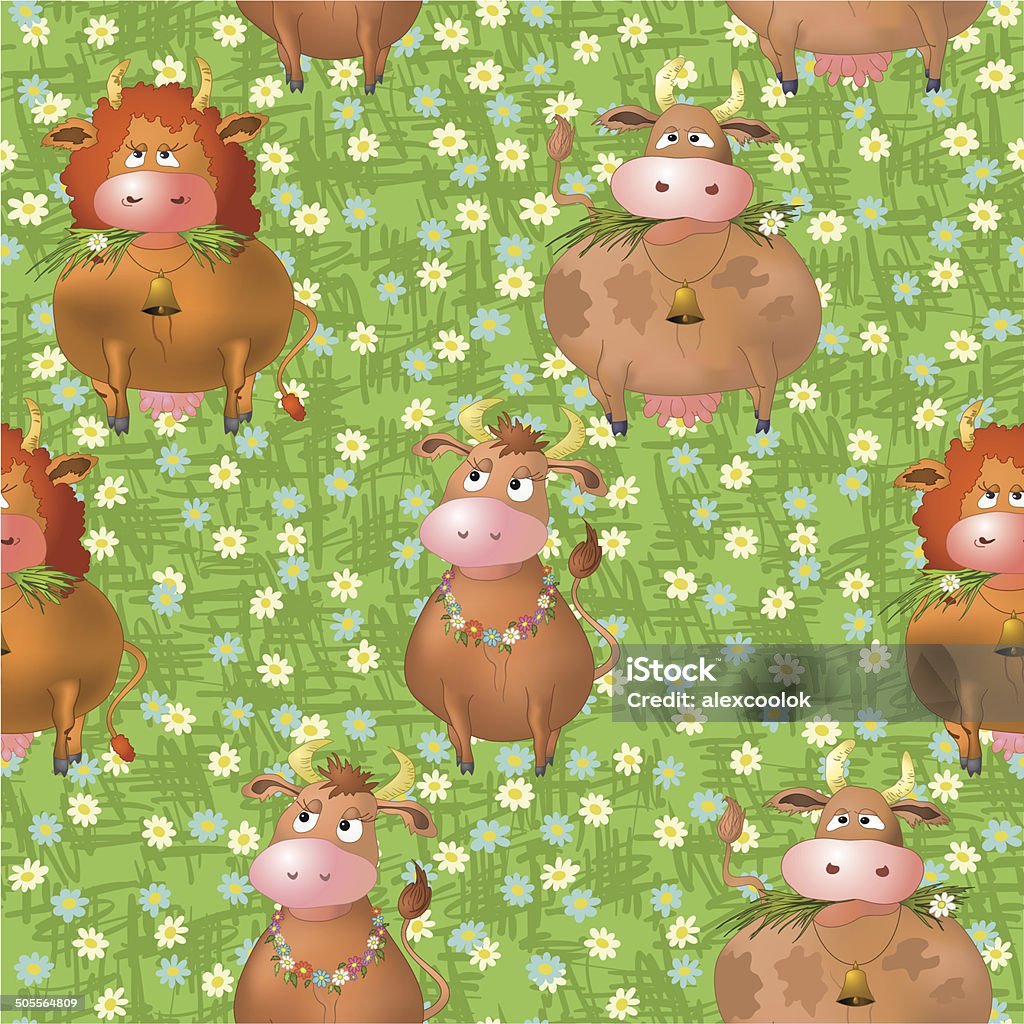 Seamless pattern, cartoon cows on a meadow Seamless pattern, cartoon cows on a green summer flowering meadow. Vector Agriculture stock vector