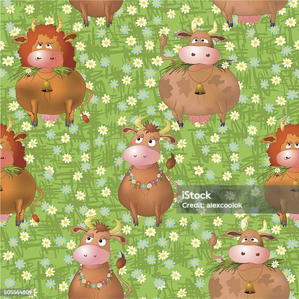 Seamless Pattern Cartoon Cows On A Meadow Stock Illustration - Download Image Now - Agriculture, Animal, Animal Markings