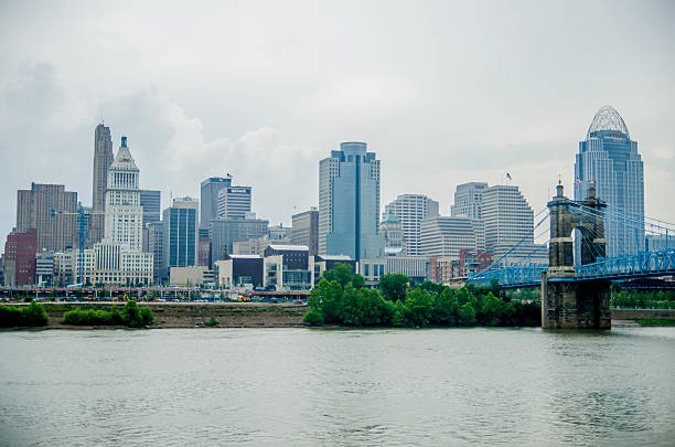 istock Cincinnati skyline and historic John A. Roebling suspension brid 505565245