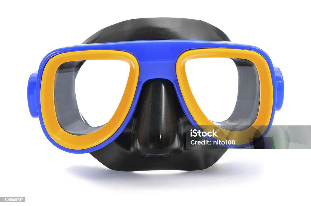 diving mask closeup of a blue, yellow and black diving mask on a white background Scuba Mask Stock Photo