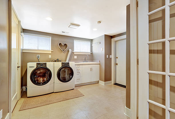 istock Laundry room interior in grey color 505566027