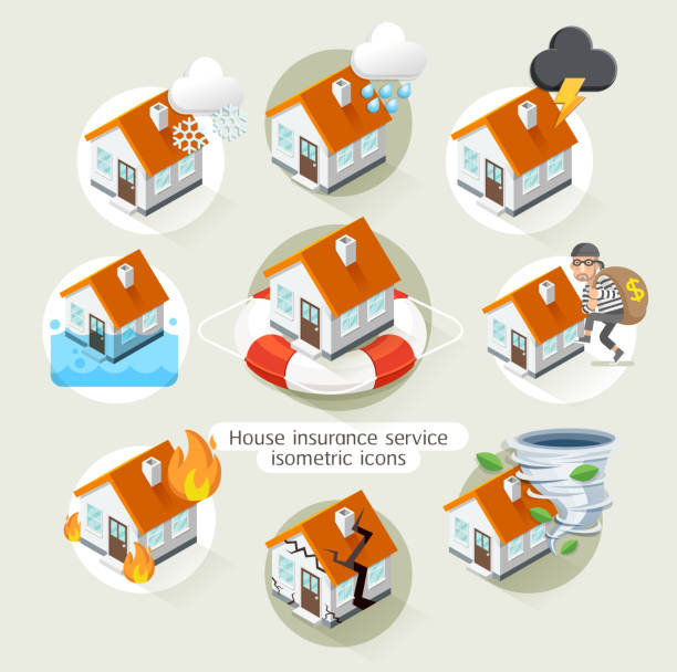 illustrazioni stock, clip art, cartoni animati e icone di tendenza di casa assicurazione servizio business isometrici icone modello. - hurricane storm natural disaster nature