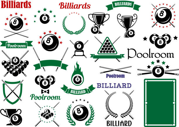 ilustrações de stock, clip art, desenhos animados e ícones de bilhares e combinar os itens para desporto jogo de design - snooker table
