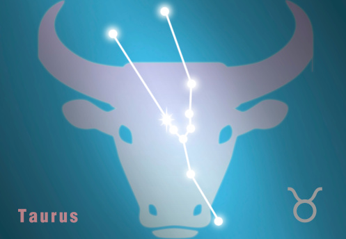 Taurus zodiac with its sign, constellation, and icon.