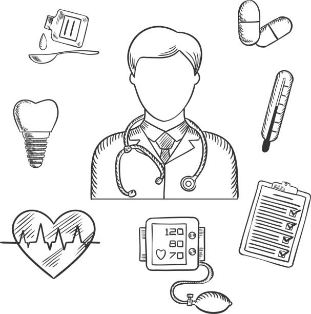 Hand drawn medical items and doctor Hand drawn medical icons with a doctor surrounded by a thermometer, tooth, pills, medication, chart, heartbeat and ECG. Sketch style vector doctor drawings stock illustrations