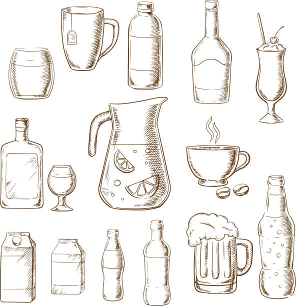 illustrations, cliparts, dessins animés et icônes de assortiment de boissons alcoolisées, jus de fruits et des boissons - wine bar beer bottle beer