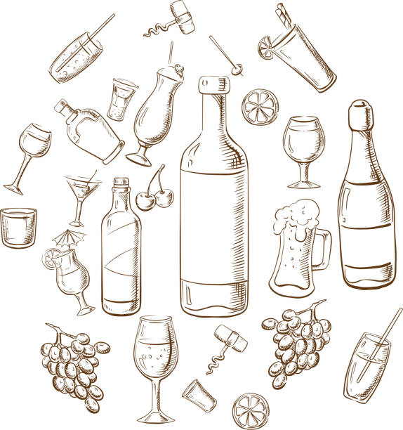 ilustrações de stock, clip art, desenhos animados e ícones de bebidas de álcool, bebidas, frutas e óculos - silhouette wine retro revival wine bottle