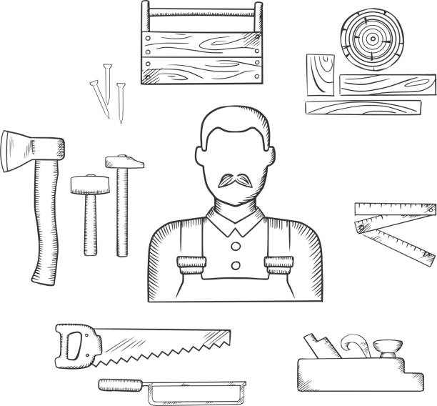 Carpenter with timber and tools sketch icons Carpenter profession sketch icons with moustached man, timber and carpentry tools including hammers, axe, nails, wooden toolbox, handsaw, hacksaw, folding rule, jack plane airplane mechanic stock illustrations