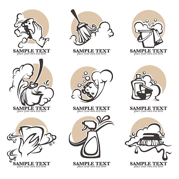 cleaning, washing, sweeping and chamberwork, vector emblem and symbols collection
