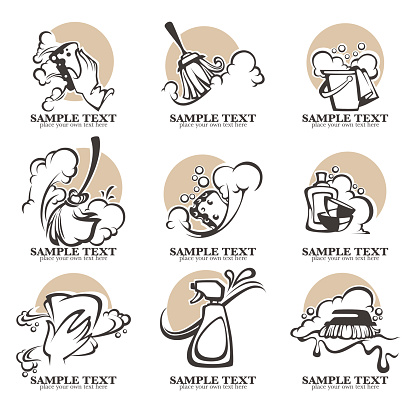 cleaning, washing, sweeping and chamberwork, vector emblem and symbols collection