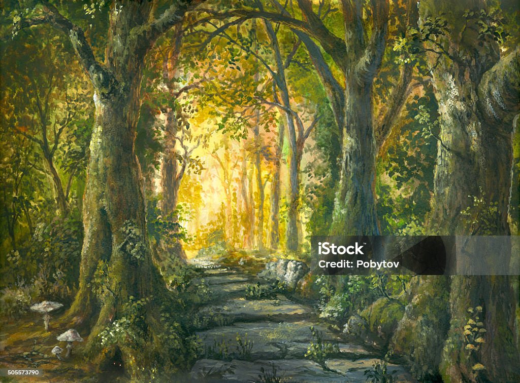 In the magic forest Stone road in magic forest Forest stock illustration