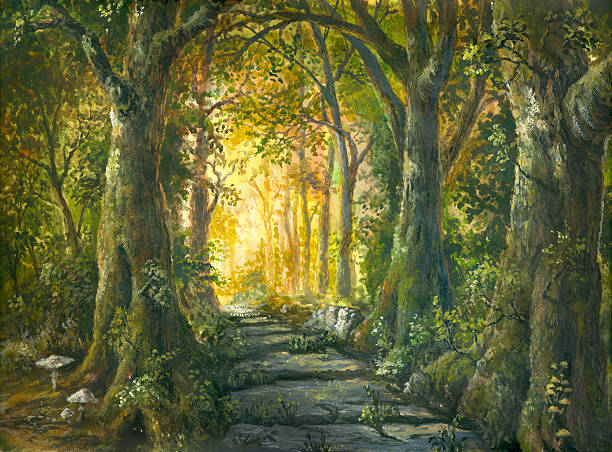 In the magic forest Stone road in magic forest ethereal illustrations stock illustrations