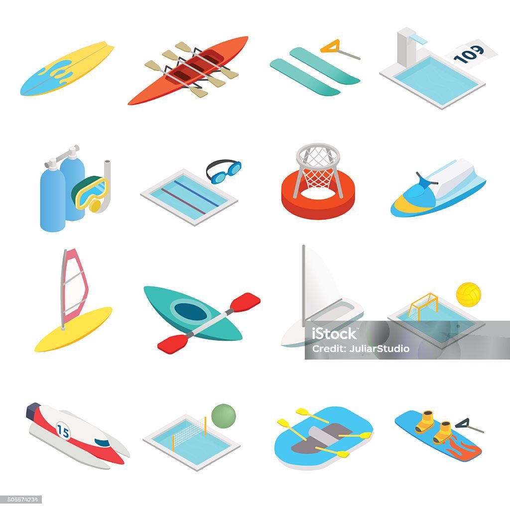 Water sport isometric 3d icons Water sport isometric 3d icons set isolated on white background Isometric Projection stock vector