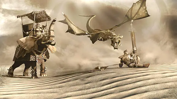 Desert scene with dragon,war elefant and orc