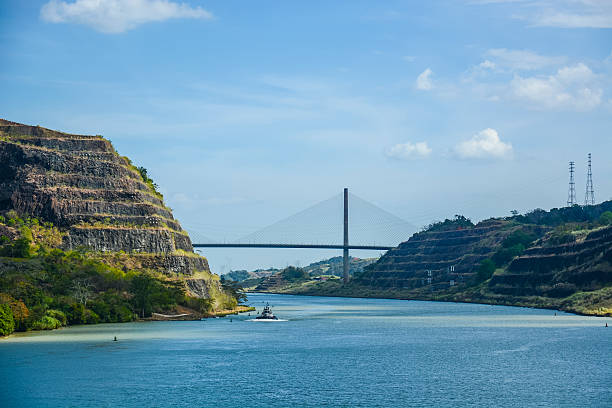 Centennial Bridge, Panama Canal Looking towards Centennial Bridge from Culebra Cut, heading towards the Pacific ocean from the Atlantic ocean via Panama Canal. colon stock pictures, royalty-free photos & images
