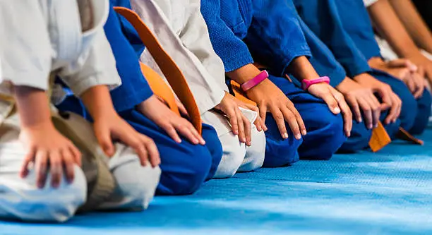 Group of unrecognizable children martial artist in a row on a karate training.