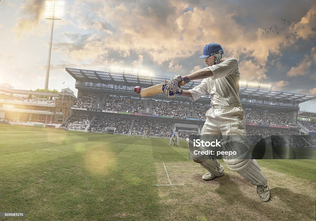 Cricket Batsman INSPECTOR PLEASE NOTE: Stadium is fake, created in Photoshop. Models are from different shoot, dates on releases a re correct - thanks.  Sport of Cricket Stock Photo