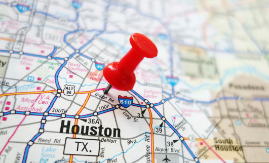 Closeup of a Houston, Texas map with red pin