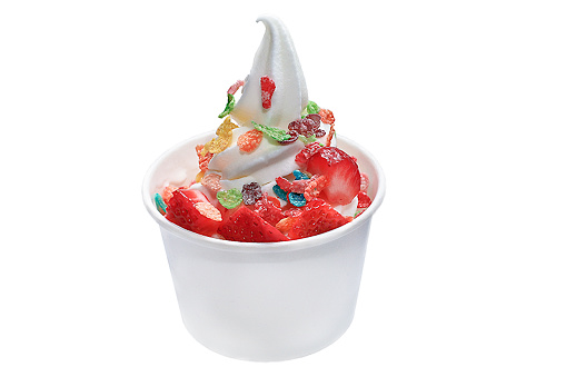Frozen yogurt with toppings, Cap'n Crunch cereal and strawberry toppings. Single serve original or vanilla soft serve ice cream or frozen yogurt.