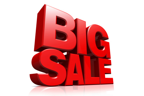 3D red text big sale on white background with reflection