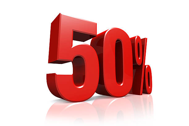 istock 3D render text in 50 percent in red 505587851