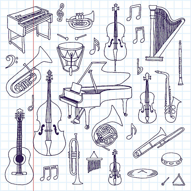 Hand drawn doodle musical instruments. Classical orchestra. Vector illustration. Hand drawn doodle musical instruments. Classical orchestra. Vector illustration. School notebook. electric organ stock illustrations