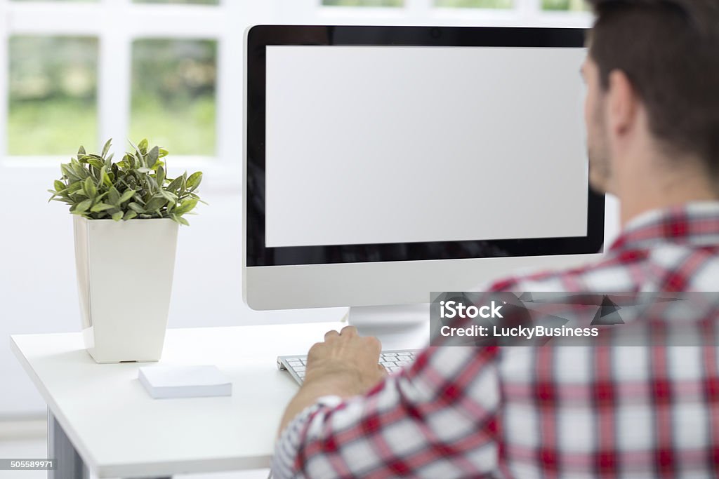 Man in front of screen Young man looking at computer screen, working in bright office Adult Stock Photo
