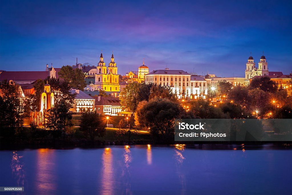 Evening view of Minsk cityscape Evening view of Minsk cityscape with Holy Spirit Cathedral over Svisloch River, Belarus Minsk Stock Photo