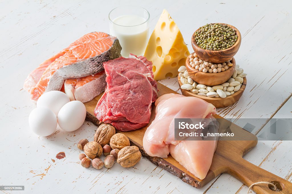 Selection of protein sources in kitchen background Selection of protein sources in kitchen background, copy space Protein Stock Photo