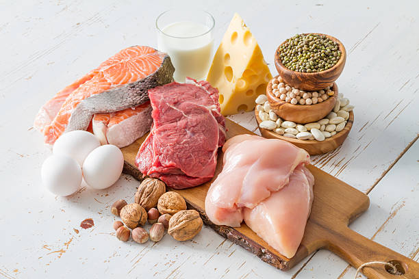Selection of protein sources in kitchen background stock photo