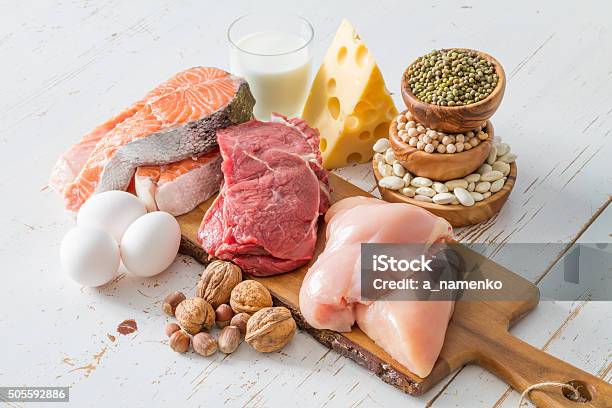 Selection Of Protein Sources In Kitchen Background Stock Photo - Download Image Now - Protein, Food, Meat