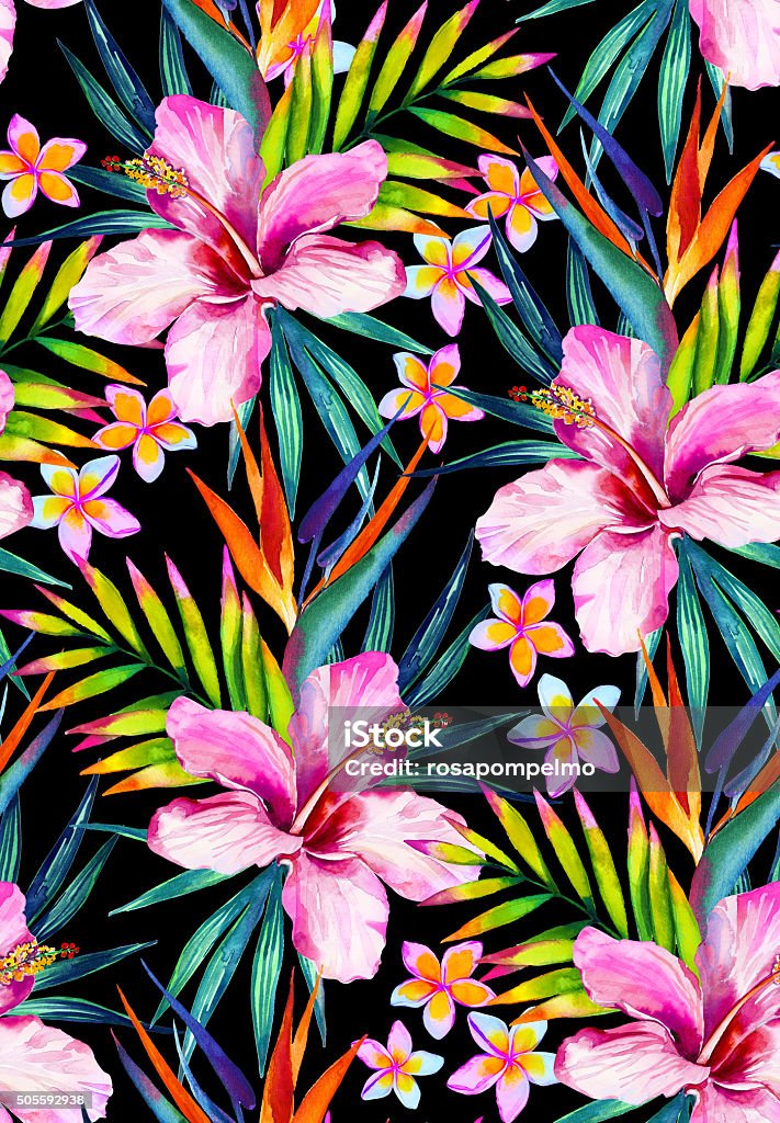 Vivid jungle seamless pattern illustration in watercolor midnight jungle floral pattern. very intense colors, seamless tropical pattern for  fashion, interior, stationery, wrapping Tropical Pattern stock illustration