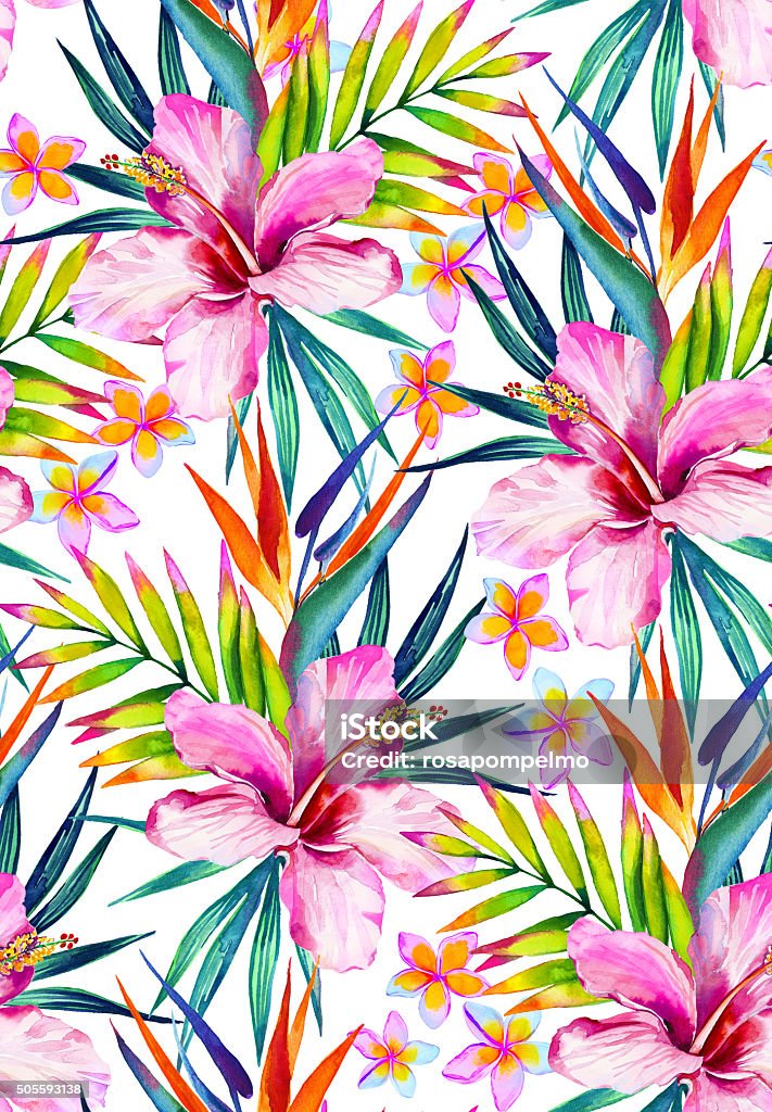 beautiful seamless pattern with hibiscus, frangipani and palm leaves. colorful tropical seamless pattern, with hibiscus, frangipani, bird of paradise, palm leaves. Botanical illustrations, hawaiian shirt style, design for fashion or interior. Watercolor Painting stock illustration